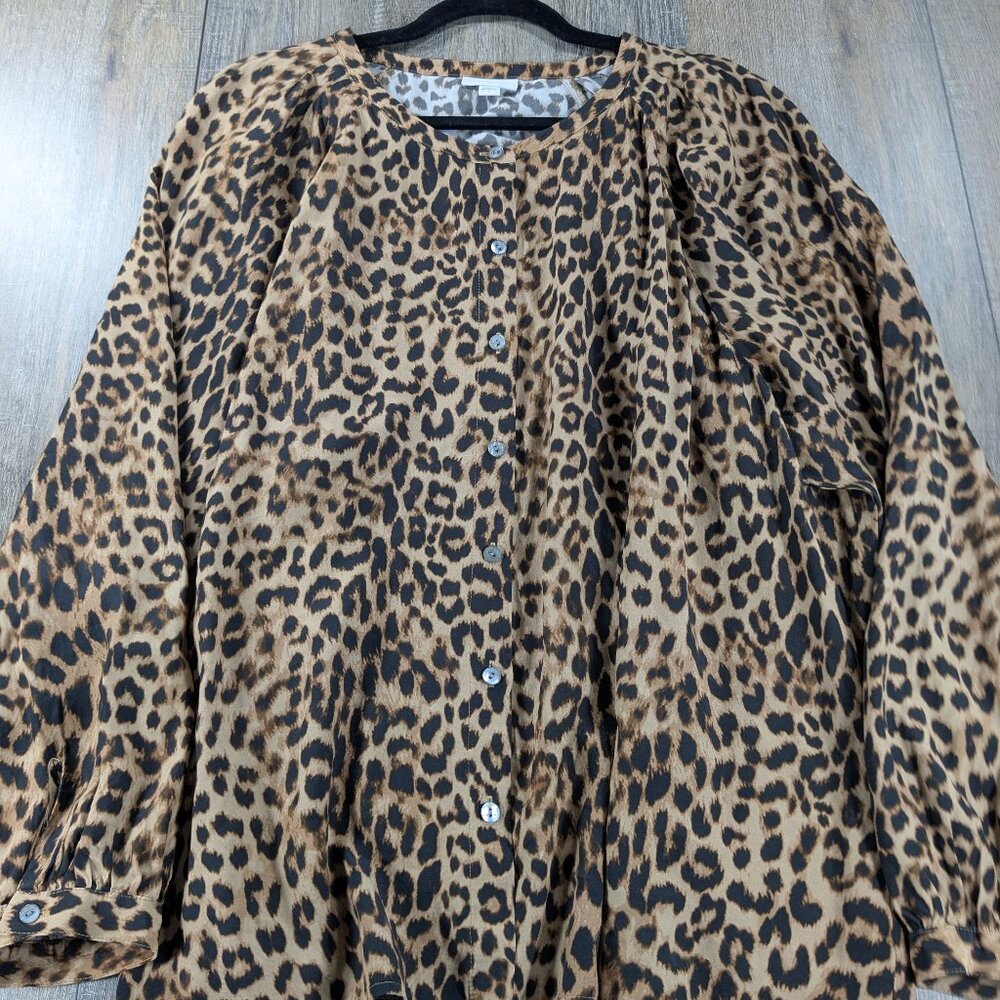 2/$30 J Jill Top Womens Large Leopard Print Button Up Peasant Long Sleeve BOHO